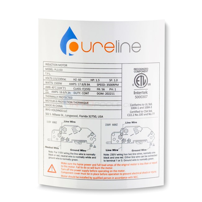 Pureline 1.5 HP Round Flange 56J Up Rate Motor - PL1153