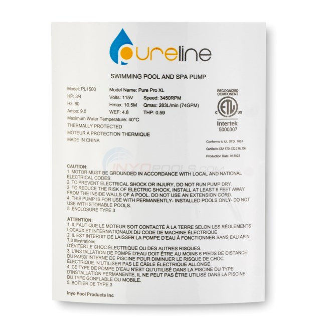 Pureline 0.75 HP Pure Pro XL Pump, Above Ground Pool, Single Speed, 115 Volt - PL1500