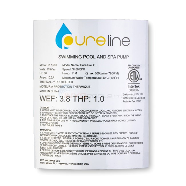 Pureline 1.0 HP Pure Pro XL Pump, Above Ground Pool, Single Speed, 115 Volt - PL1501