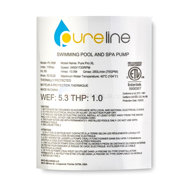 Pureline 1 HP Pure Pro XL Pump, Above Ground Pool, Dual Speed, 115 Volt - PL1506