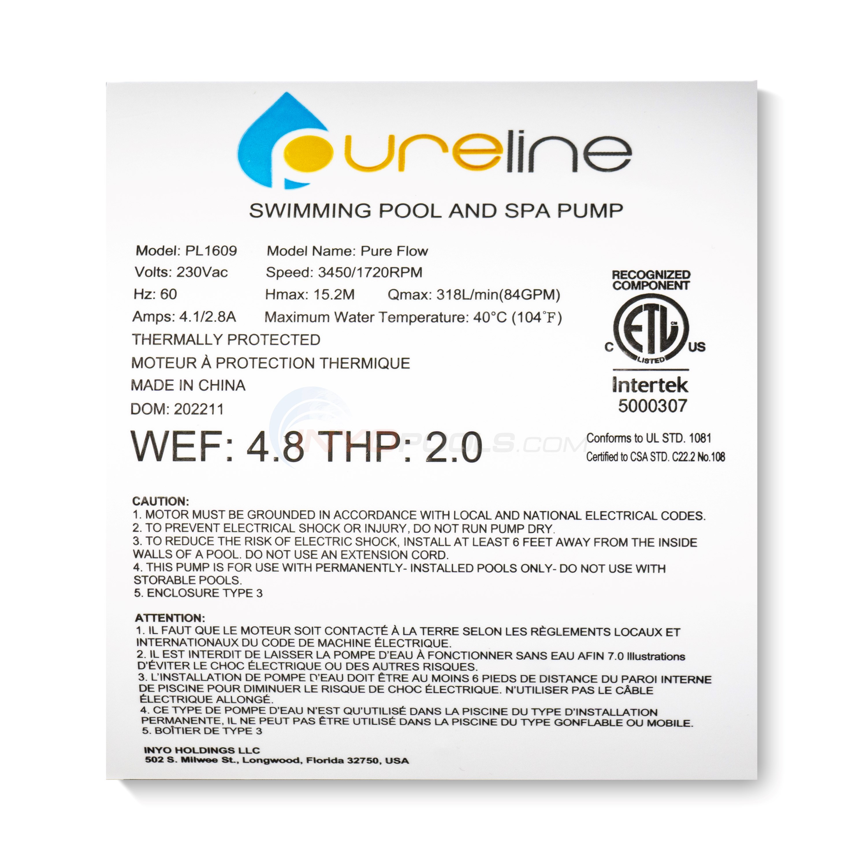 Pureline 1.5 HP Pure Flow Pump, Inground Pool, Dual Speed, 230 Volt, Unions Included - PL1609