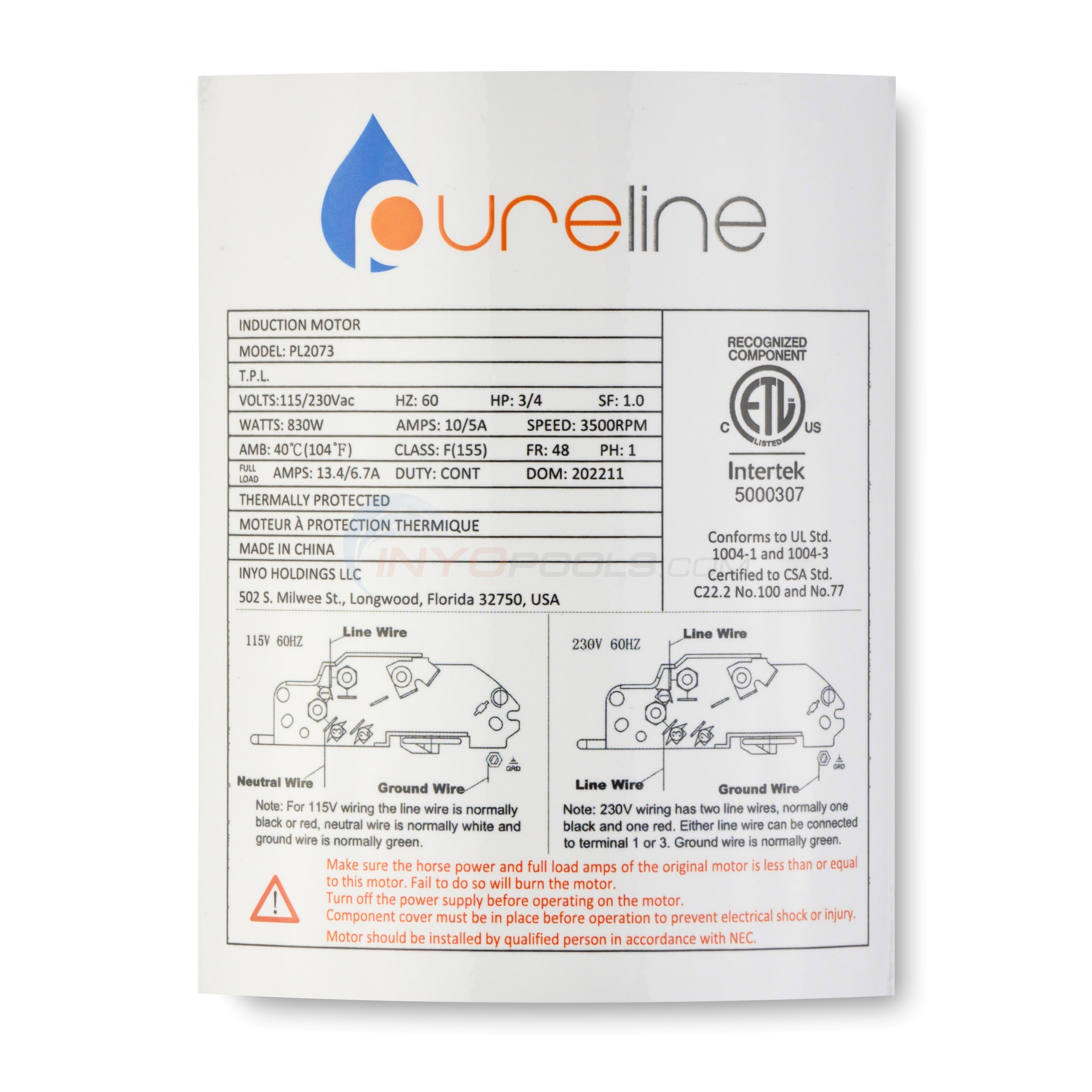 Pureline 3/4 HP Pool Motor Square Flange 48Y PL2073