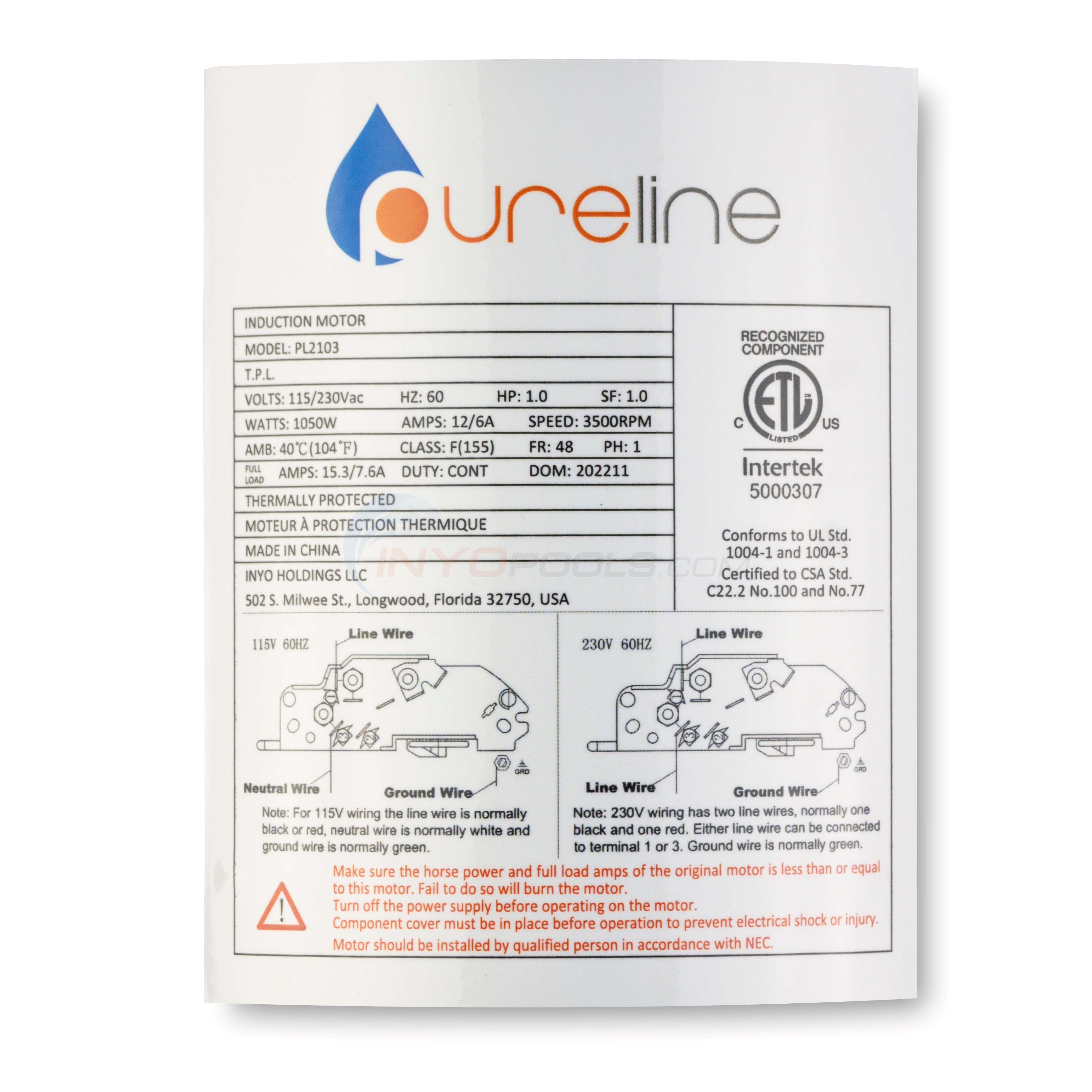 Pureline 1 HP Pool Motor Square Flange 48Y, Replaces USQ1102, PureLine 1 HP Replacement Pool Motor for Pentair® & Sta-Rite® Dura-Glas II, Max-E-Glas II Pumps - PL2103