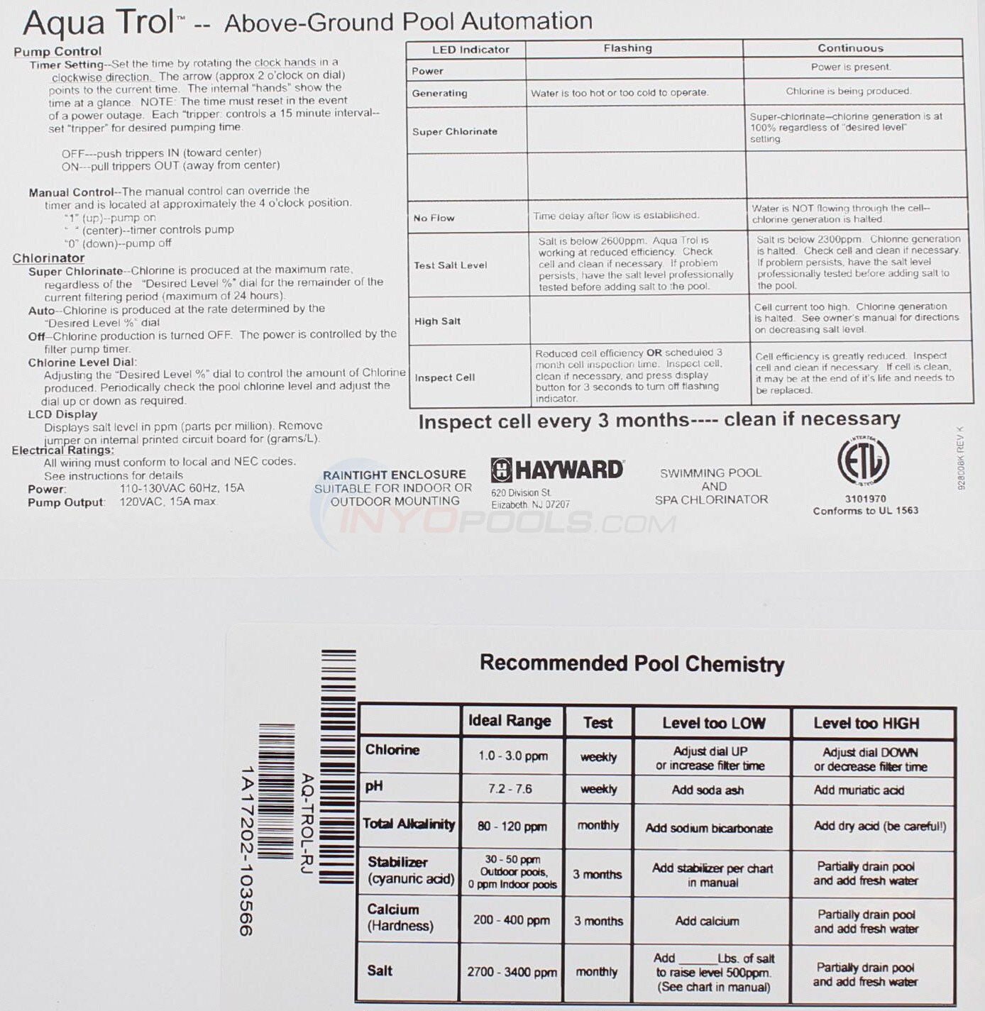 Hayward AquaTrol Above Ground Pool Salt System, Hose & Pipe Fittinng, 3 Prong Plug, Control Panel & TurboCell - Model W3AQ-TROL-HP