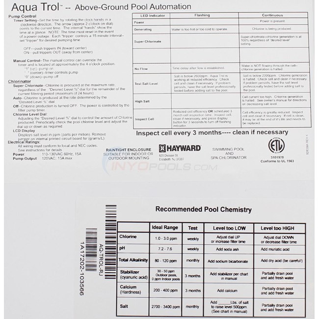 Hayward AquaTrol Above Ground Pool Salt System, Hose & Pipe Fittinng, 3 Prong Plug, Control Panel & TurboCell - Model W3AQ-TROL-HP