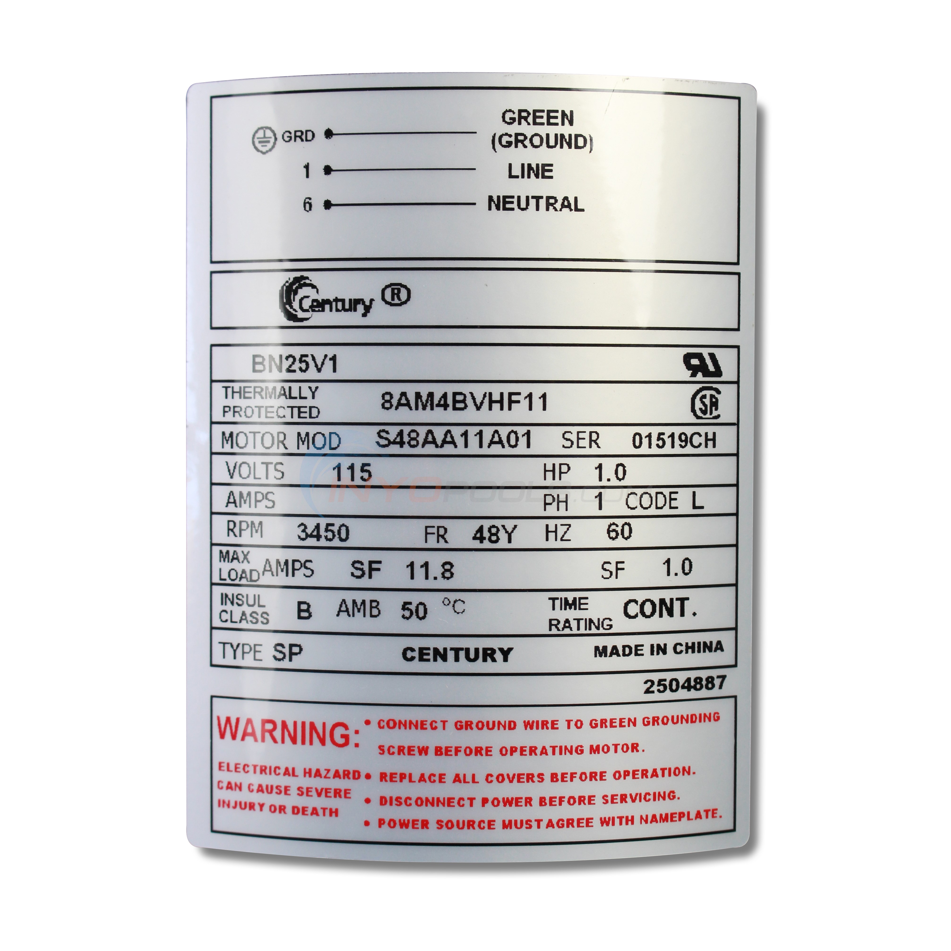 Magnetek Century (A.O. Smith) 1.0 HP Up Rate Thru Bolt Motor, 48Y Frame, Single Speed - Model BN25V1
