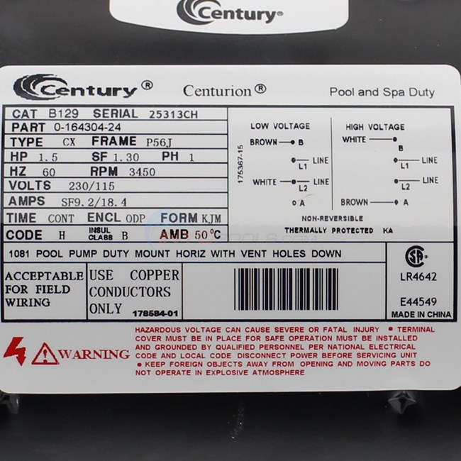 Century (A.O. Smith) 1.5 HP Full Rate Energy Efficient Motor, Round Flange 56J Frame, Single Speed - Model B129