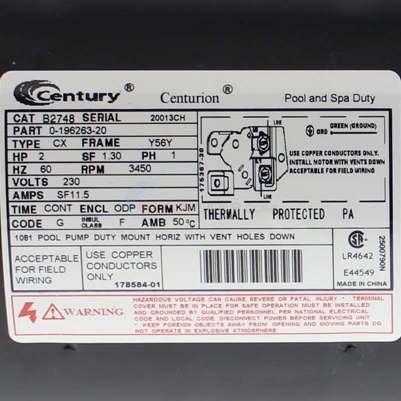 Century (A.O. Smith) 2.0 HP Full Rate Motor, Square Flange 56Y