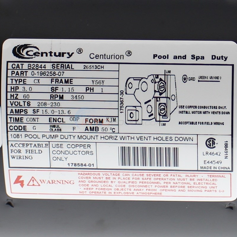 Century (A.O. Smith) 3.0 HP Full Rate EE Motor, Square