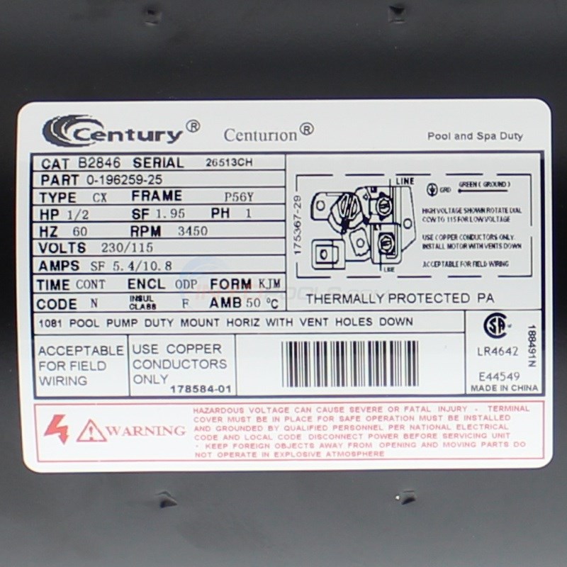 Century (A.O. Smith) .5 HP Full Rate Motor, Round Square