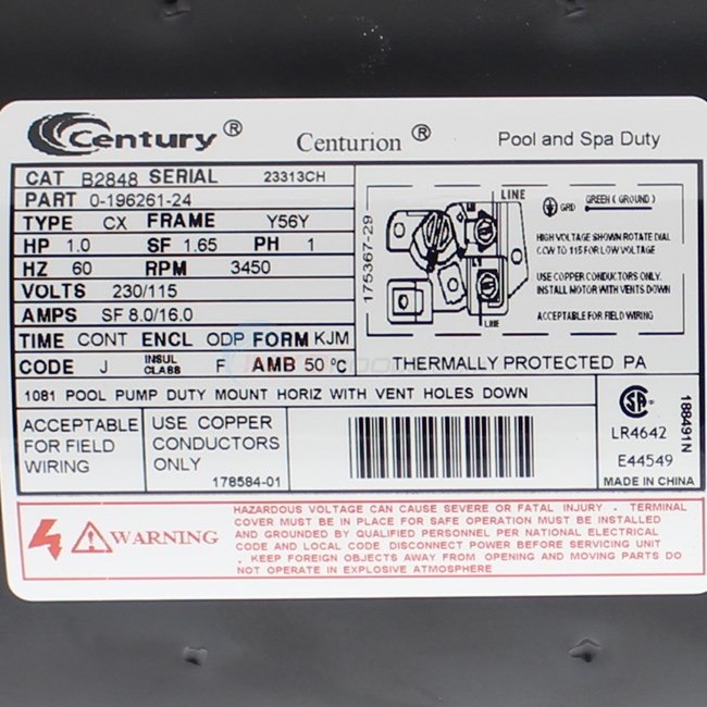 Century (A.O. Smith) 1.0 HP Square Flange 56Y Full Rate Motor - B2848 - B848