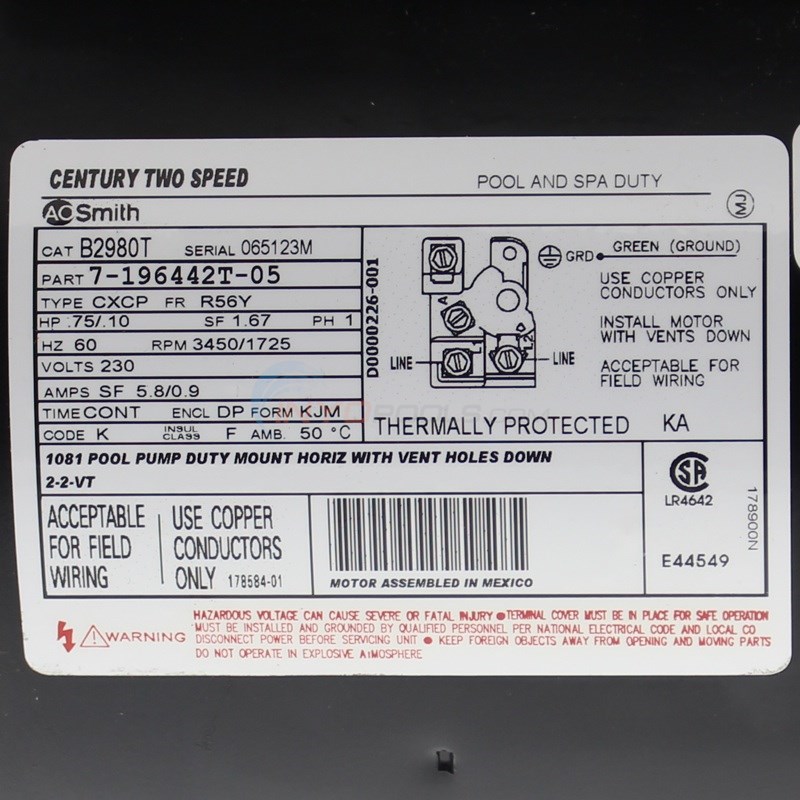A.O. Smith Pool Motor Square Flange 3/4 HP 230V Full Rate Dual Speed w/ Digital Controller - B2980T