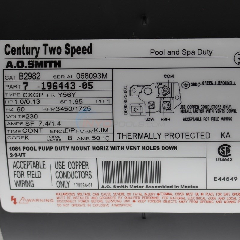 Century 1.0 HP Square Flange 56Y Dual Speed Full Rate Motor Century 1.0 HP Square Flange 56Y Dual Speed Full Rate Motor