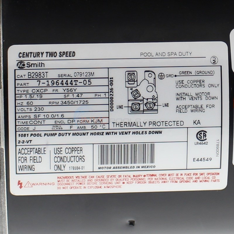 A.O. Smith Pool Motor Square Flange 1.5 HP Full Rate Dual Speed w/ Digital Controller - B2983T
