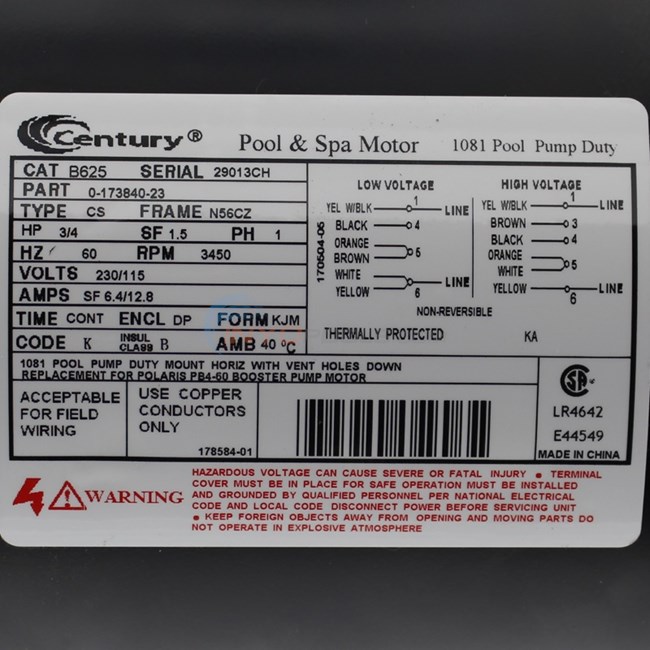 Century (A.O. Smith) .75 HP HP Full Polaris Booster Pump Motor, Round Flange 56C Frame, Single Speed - Model B625