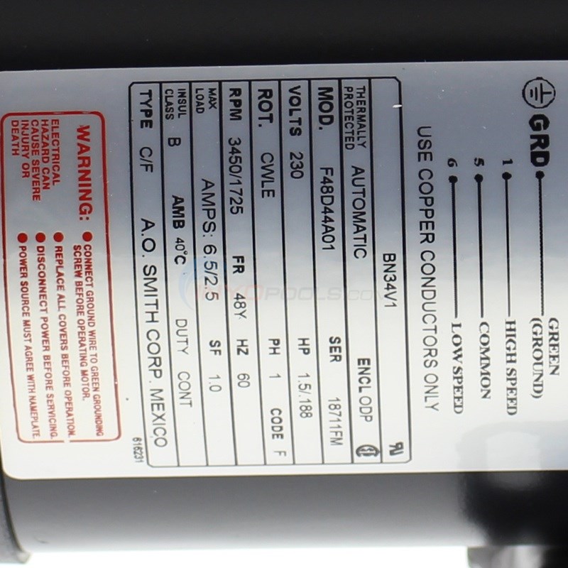 Magnetek Century (A.O. Smith) 1.5 HP Up Rate Thru Bolt Motor, 48Y Frame, Dual Speed, 230 Volt - Model BN34V1