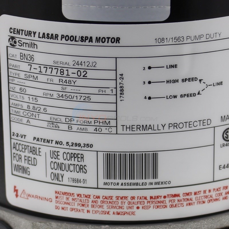 Century (A.O. Smith) .75 HP Up Rate Thru Bolt Motor, 48Y Frame, Dual Speed - Model BN36