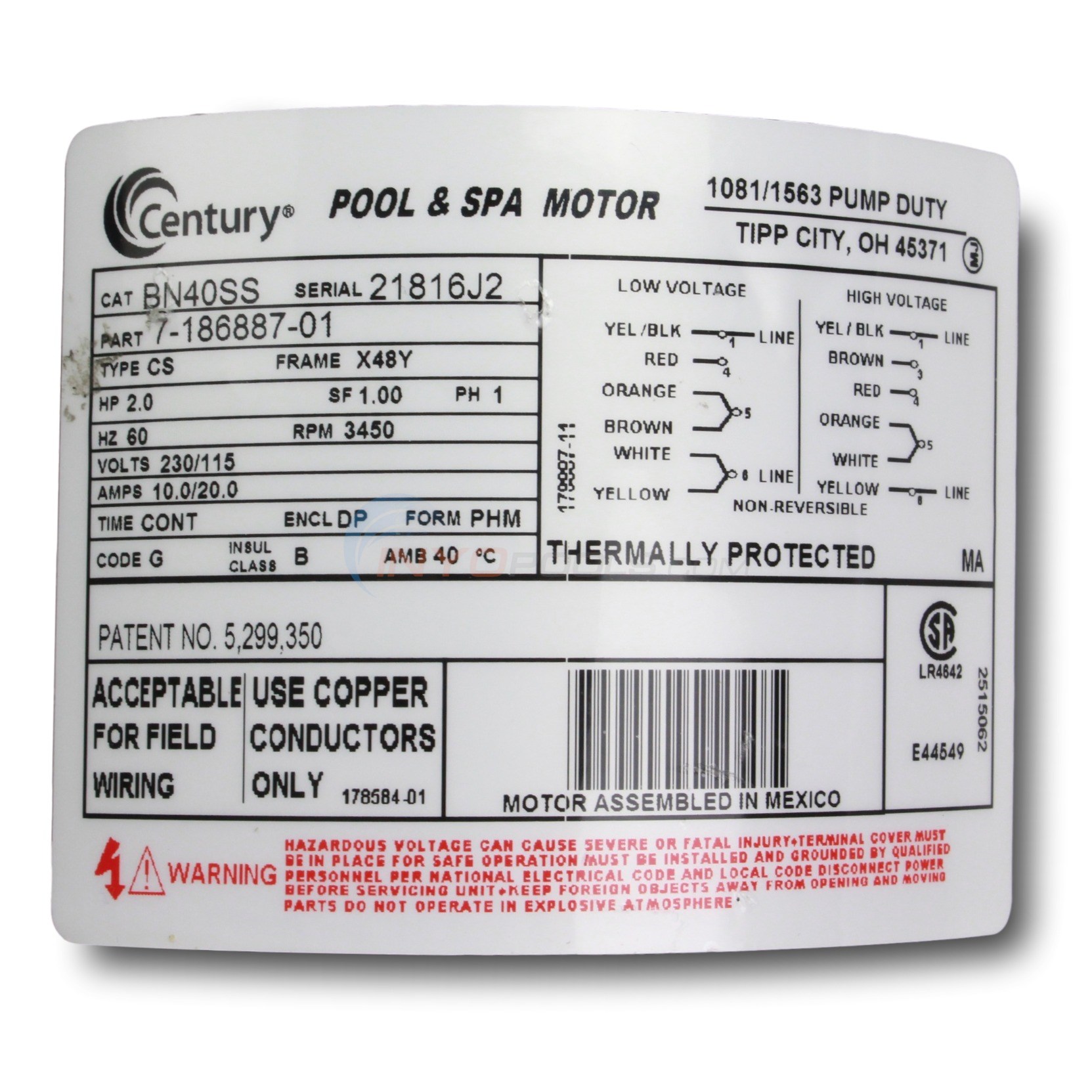 Century (A.O. Smith) 2.0 HP Up Rate Thru Bolt Motor, 48Y