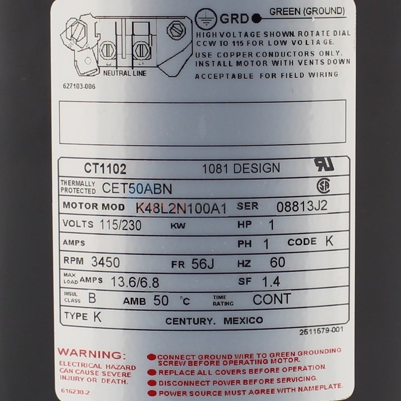 A.O. Smith Century 1.0 HP Round Flange 56J Full Rate EE Motor - CT1102