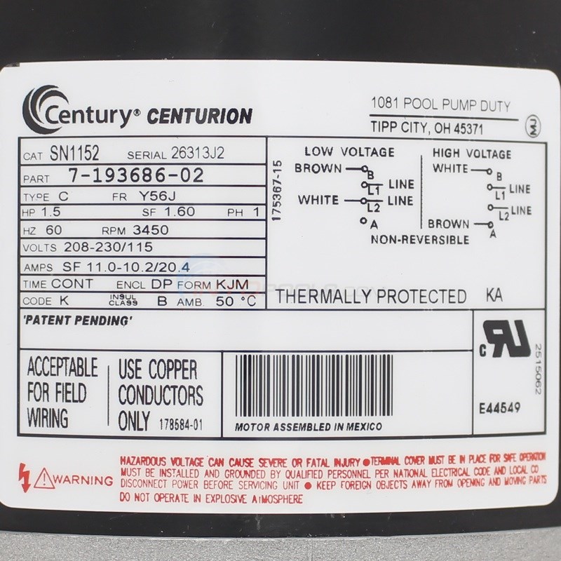Century (A.O. Smith) 1.5 HP Full Rate NorthStar Motor, Round Flange 56J  Frame, Single Speed - Model SN1152 - INYOPools.com