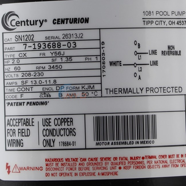 Century (A.O. Smith) 2.0 HP Full Rate Motor, Round Flange 56J Frame, Single Speed for SPX1620Z1BNS, SP1620Z1BNS - Model SN1202
