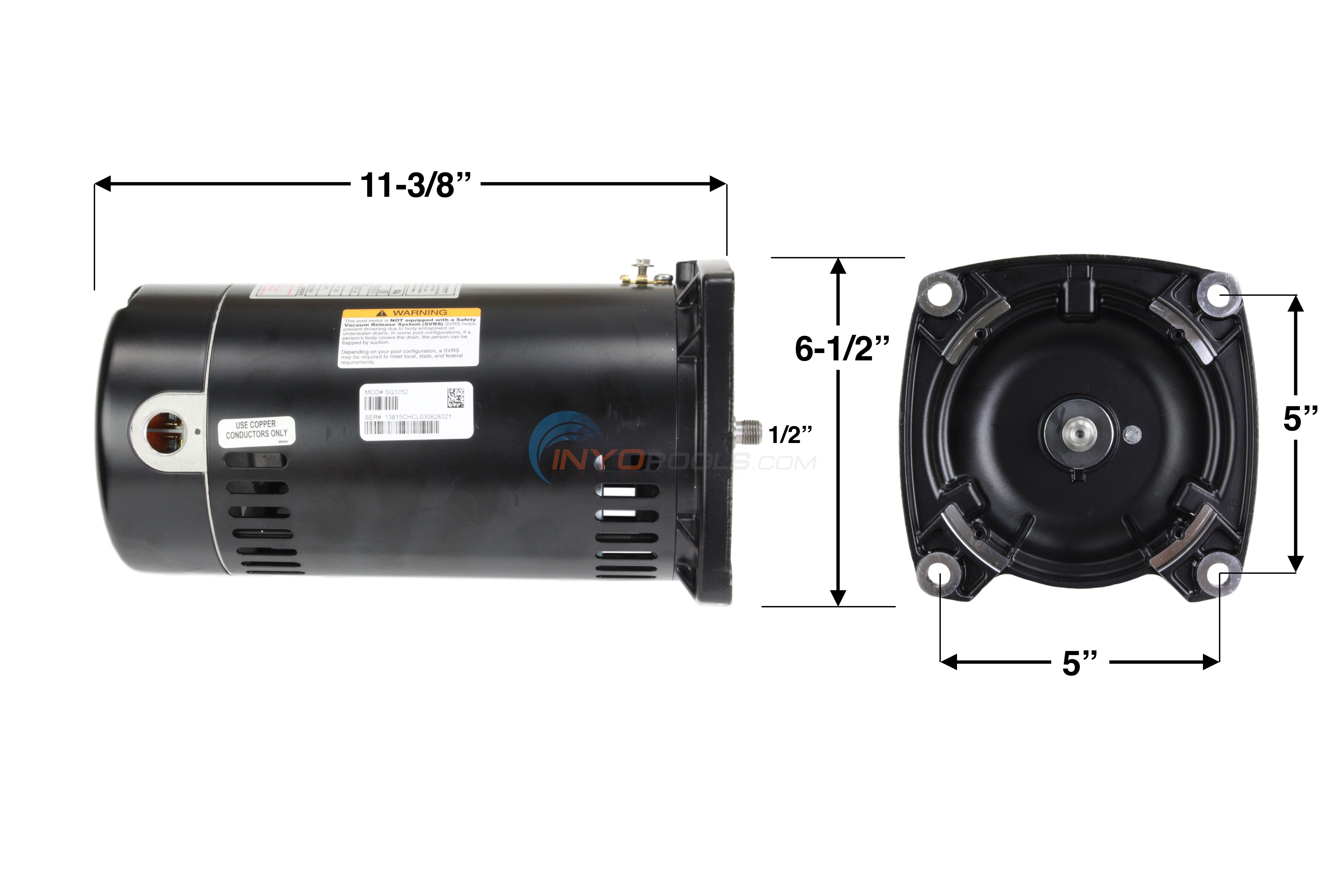 Century (A.O. Smith) 0.5 HP Full Rate Motor (Total HP 0.95) Square Flange 48Y Frame, Single Speed - Model SQ1052