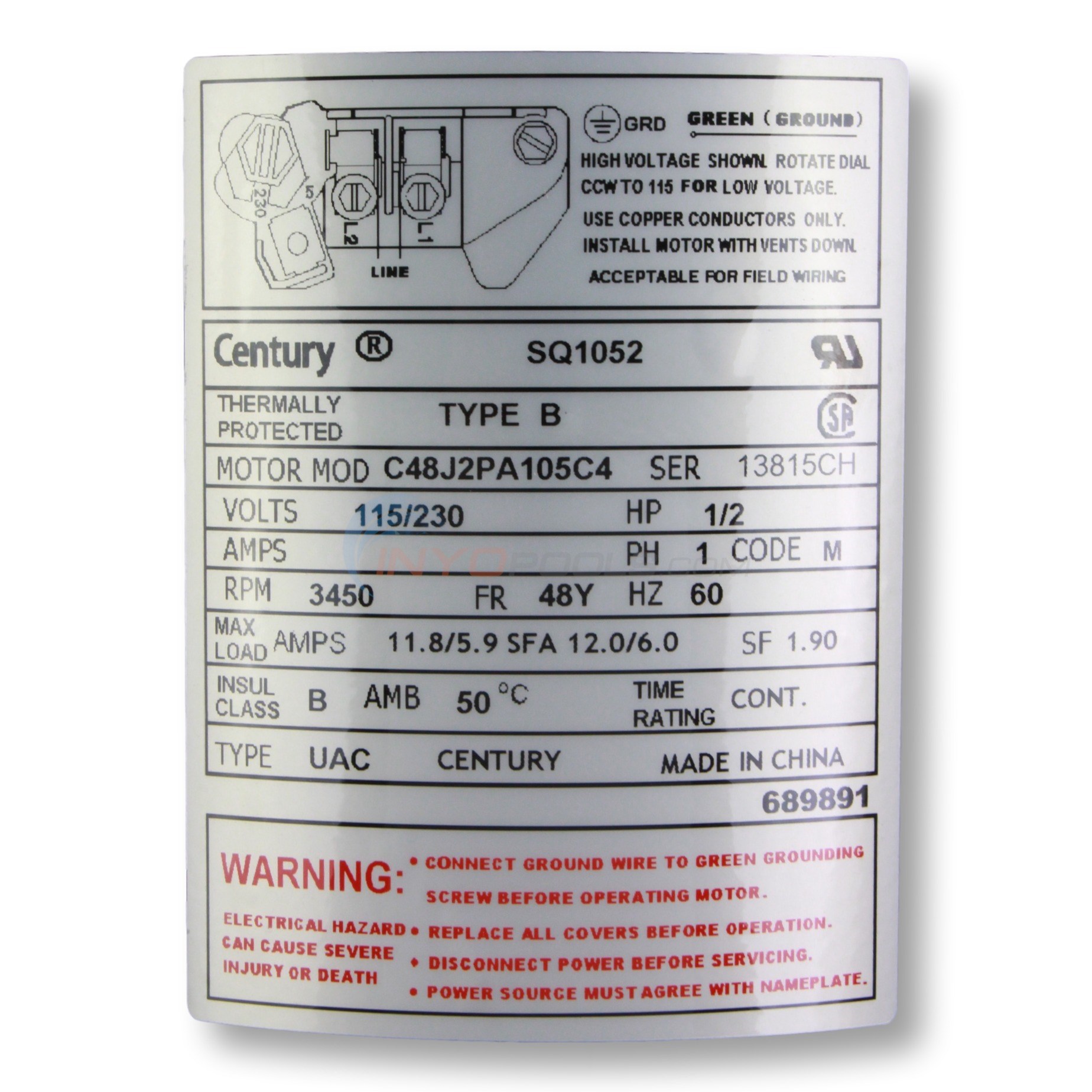 Century (A.O. Smith) 0.5 HP Full Rate Motor (Total HP 0.95) Square Flange 48Y Frame, Single Speed - Model SQ1052