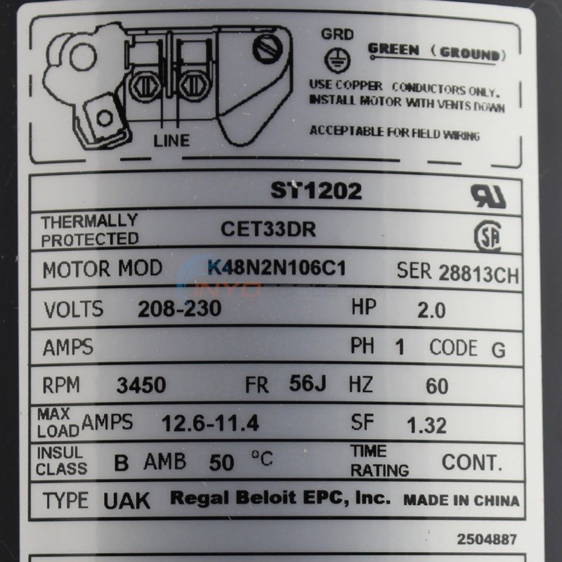Century (A.O. Smith) 2.0 HP Full Rate Motor, Round Flange 56J Frame, Single Speed - Model ST1202