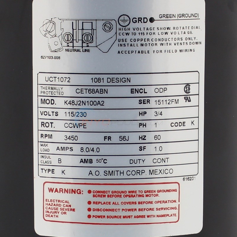 A.O. Smith Century 3/4 HP Round Flange 56J Up Rate EE Motor - UCT1072 - UCT1072V1