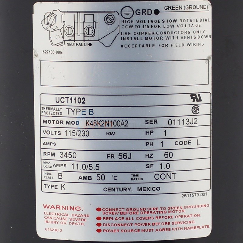 Century (A.O. Smith) 1.0 HP Up Rate Energy Efficient Motor, Round Flange 56J Frame, Single Speed - Model UCT1102