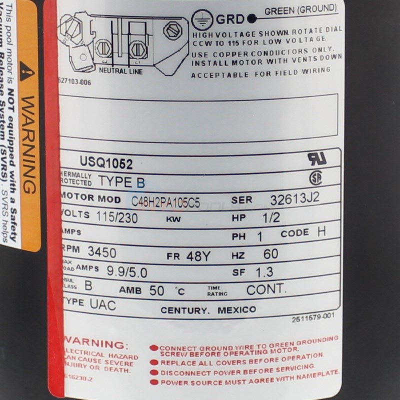 Century (A.O. Smith) .5 HP Up Rate Motor, Square Flange 48Y Frame, Single Speed - Model USQ1052