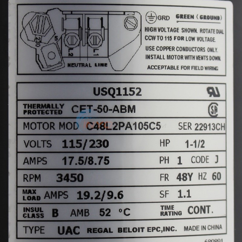 Century® (A.O. Smith) 1.5 HP Up-Rate Pool Pump Motor - USQ1152  Square Flange | 48Y Frame | Single Speed