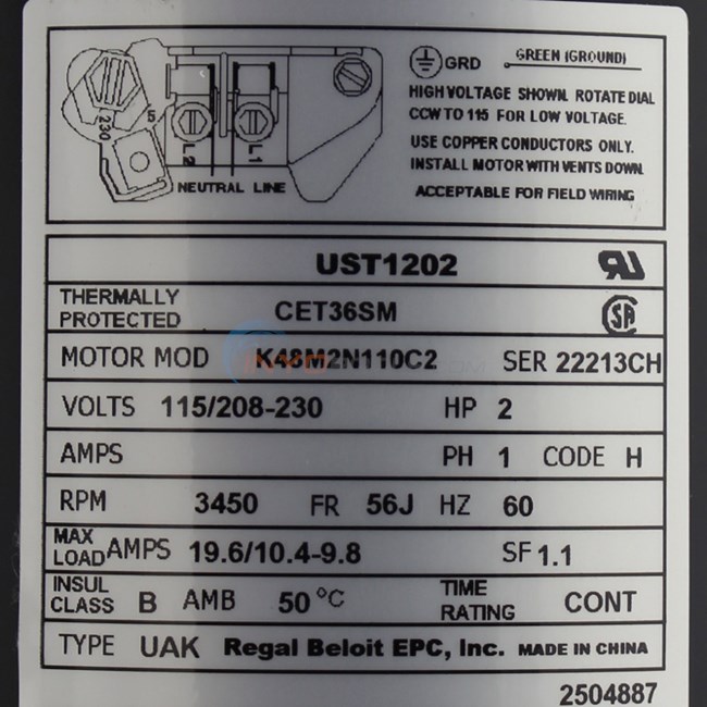 Century (A.O. Smith) 2.0 HP Up Rate Motor, Round Flange 56J Frame, Single Speed - Model UST1202