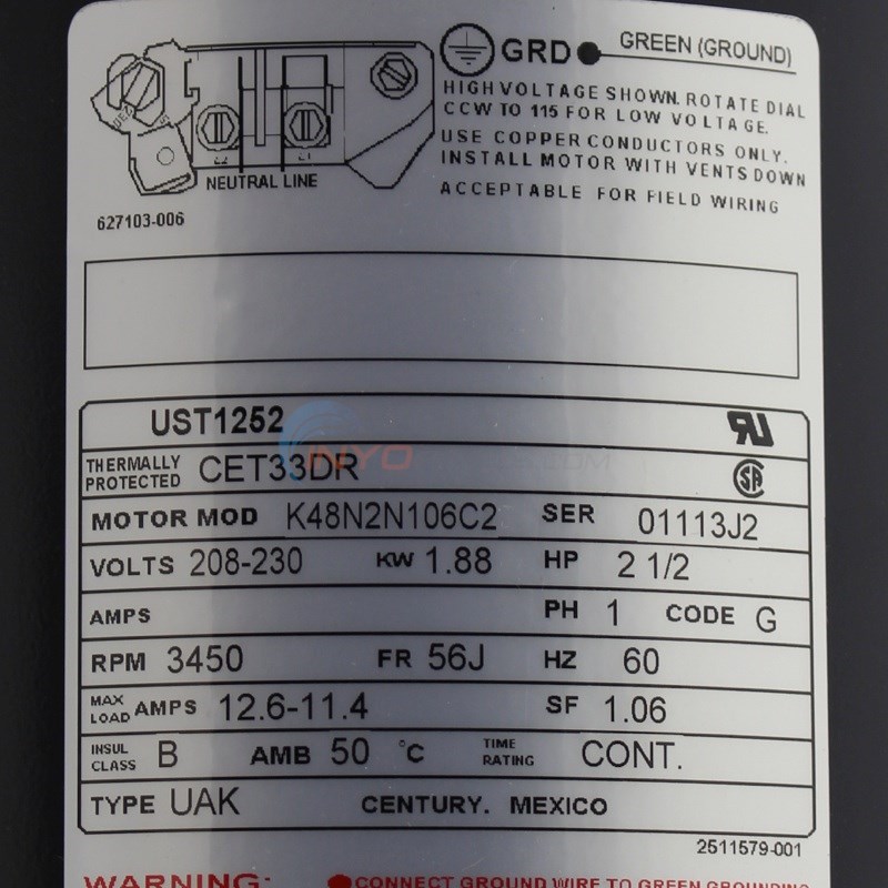 Century (A.O. Smith) 2.5 HP Up Rate Motor, Round Flange 56J Century (A.O. Smith) 2.5 HP Up Rate Motor, Round Flange 56J