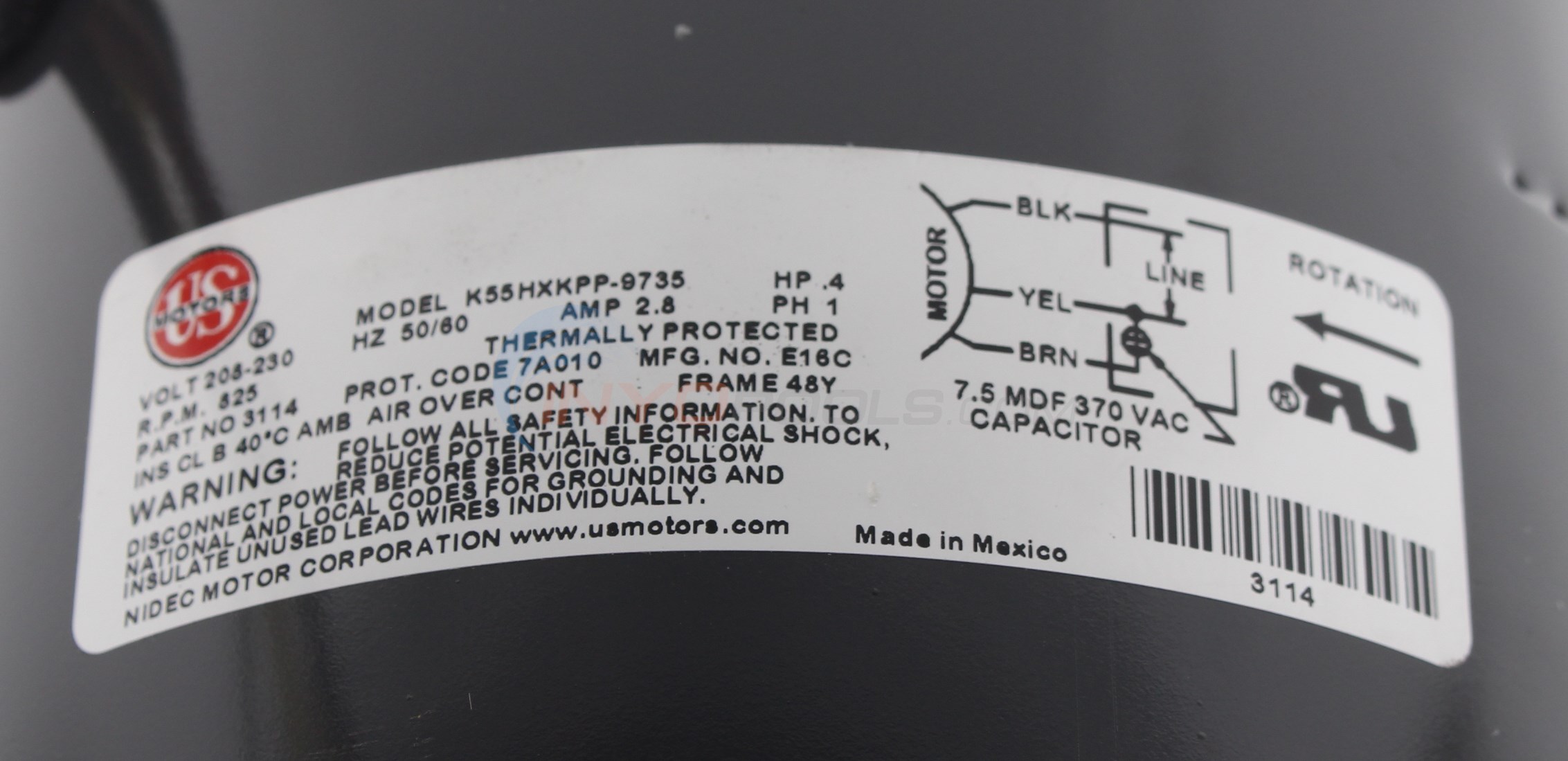 AquaCal FAN MOTOR 1/3 HP 825 RPM 208/230 OEM MOTOR ECS3114