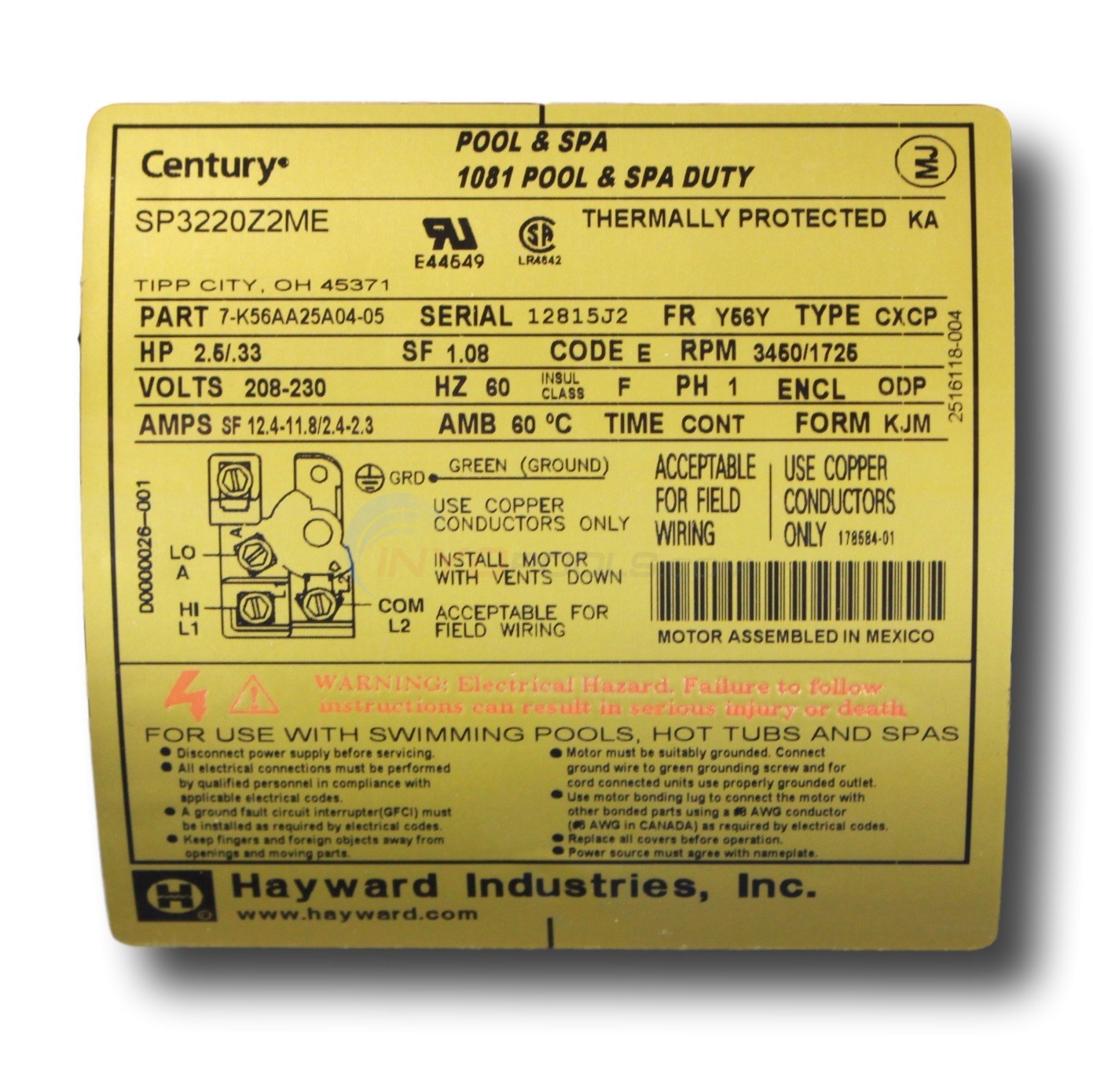 Hayward Motor, 2-1/2hp Maxrate 2-speed Tristar 208/230v (spx3220z2mer, sp3220z2mer)