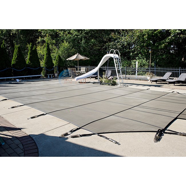 14' x 28' Rectangular w/ 4' x 8' Right Step Tan Mesh Safety Cover 18 Year (2 Years Full) - DT142858RSF