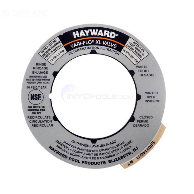 Decal Replacement for Hayward Vari-Flo XL Valve, 6 Position - SPX0714G