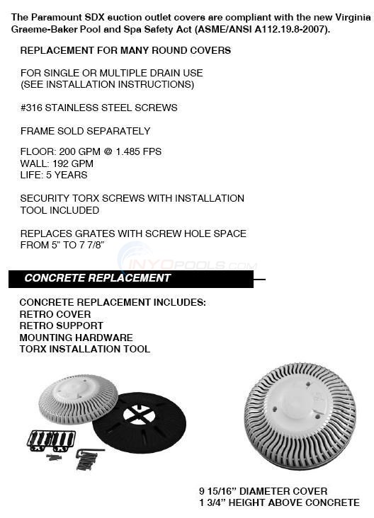 Paramount Round Gunite SDX Retrofit Main Drain Cover Parts