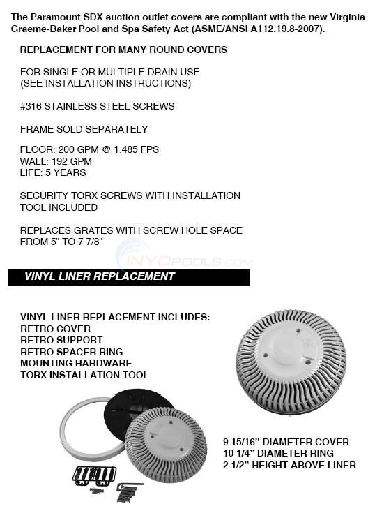 Paramount Round Vinyl SDX Retrofit Main Drain Cover  Diagram