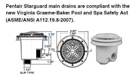 Pentair Round 8" Vinyl Main Drain 2" Side x 1.5" Bottom Diagram