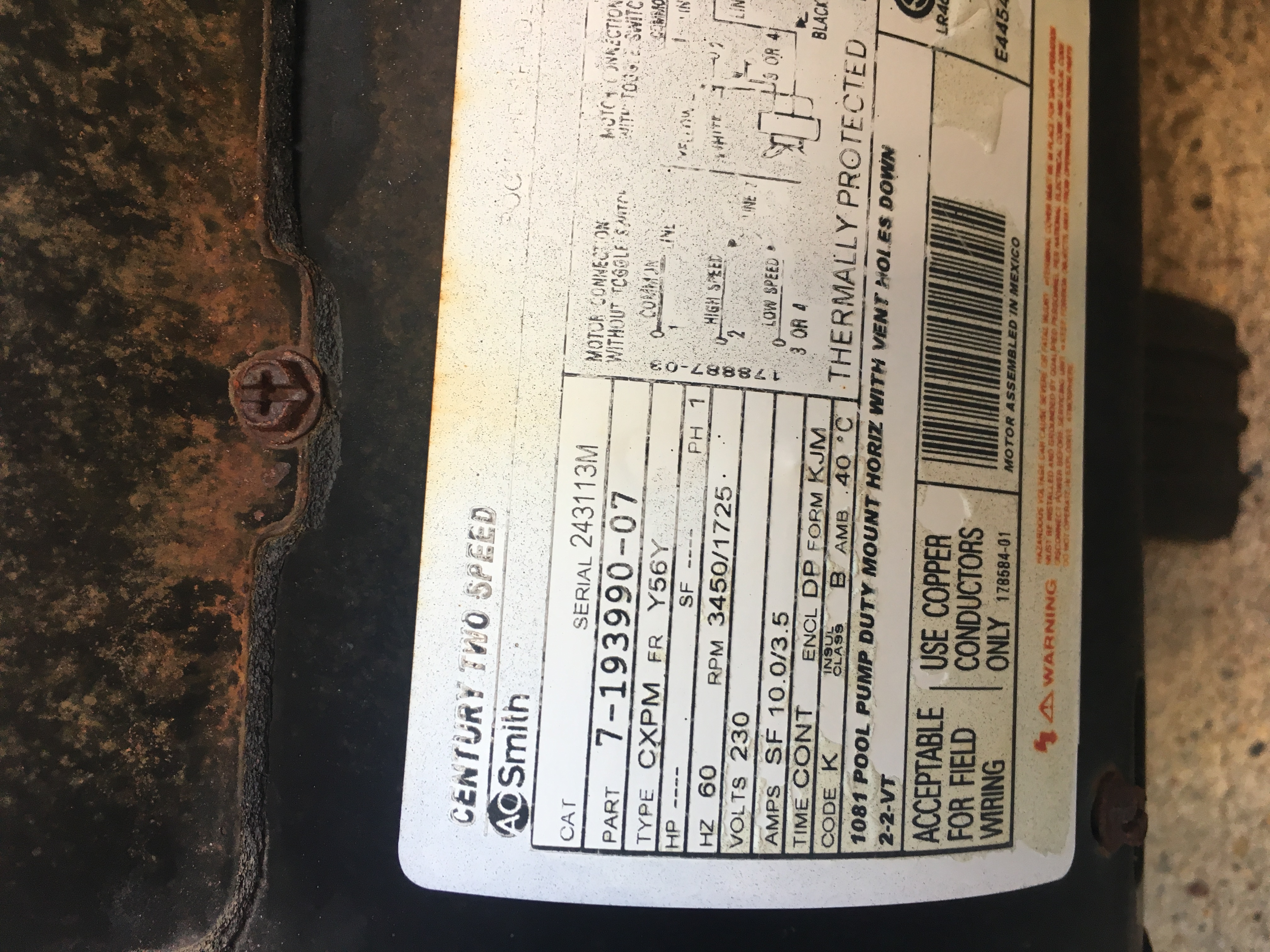 Century (A.O. Smith) 1.5 HP Full Rate Motor, Square Flange 56Y Frame, Dual Speed, No Switch - Model B2983