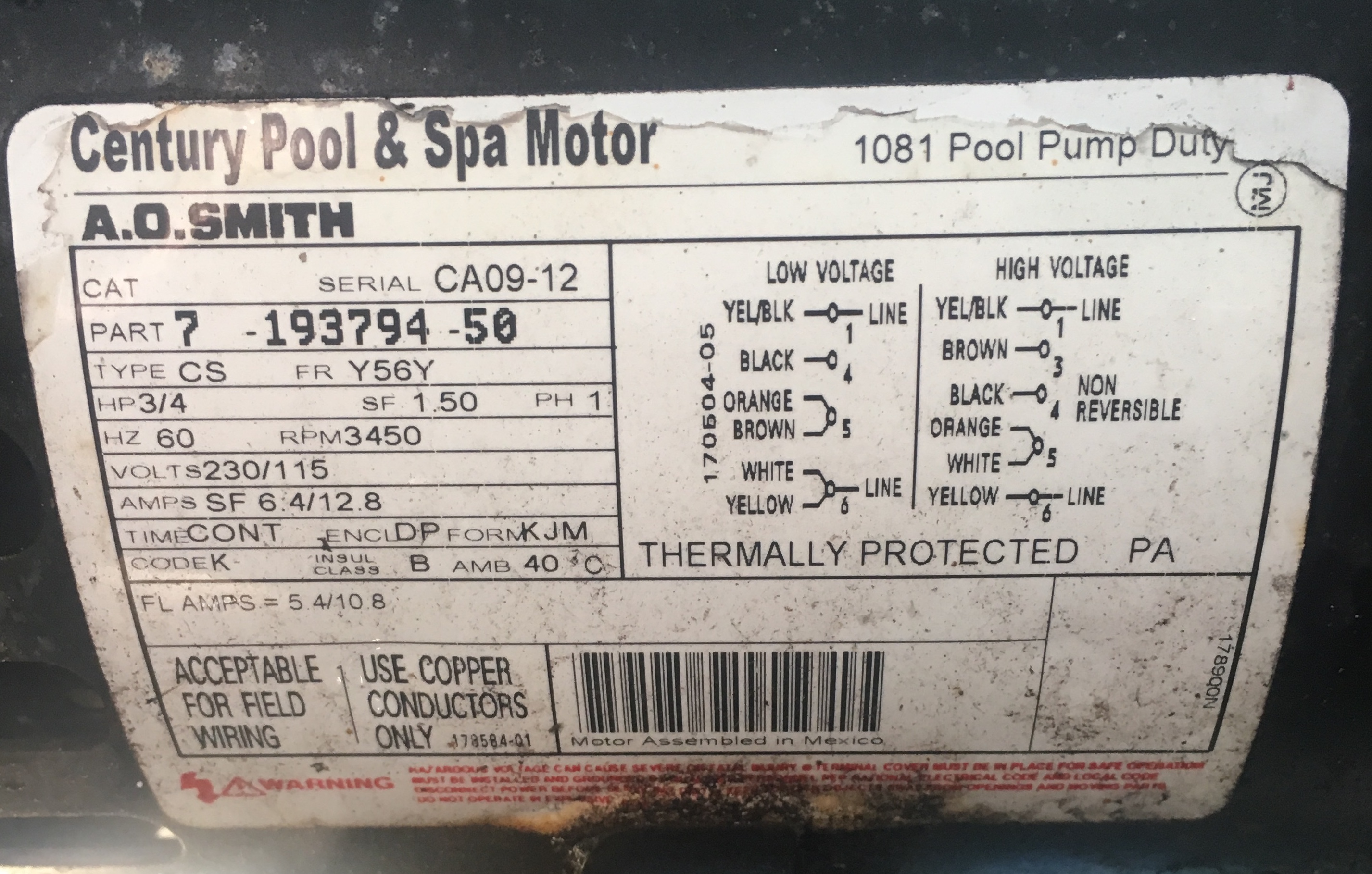 Century (A.O. Smith) .75 HP HP Full Polaris Booster Pump Motor, Round Flange 56C Frame, Single Speed - Model B625