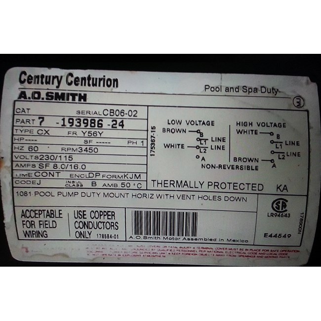 Century (A.O. Smith) 1.5 HP Full Rate EE Motor, Square Flange 56Y Frame, Single Speed - Model B2842