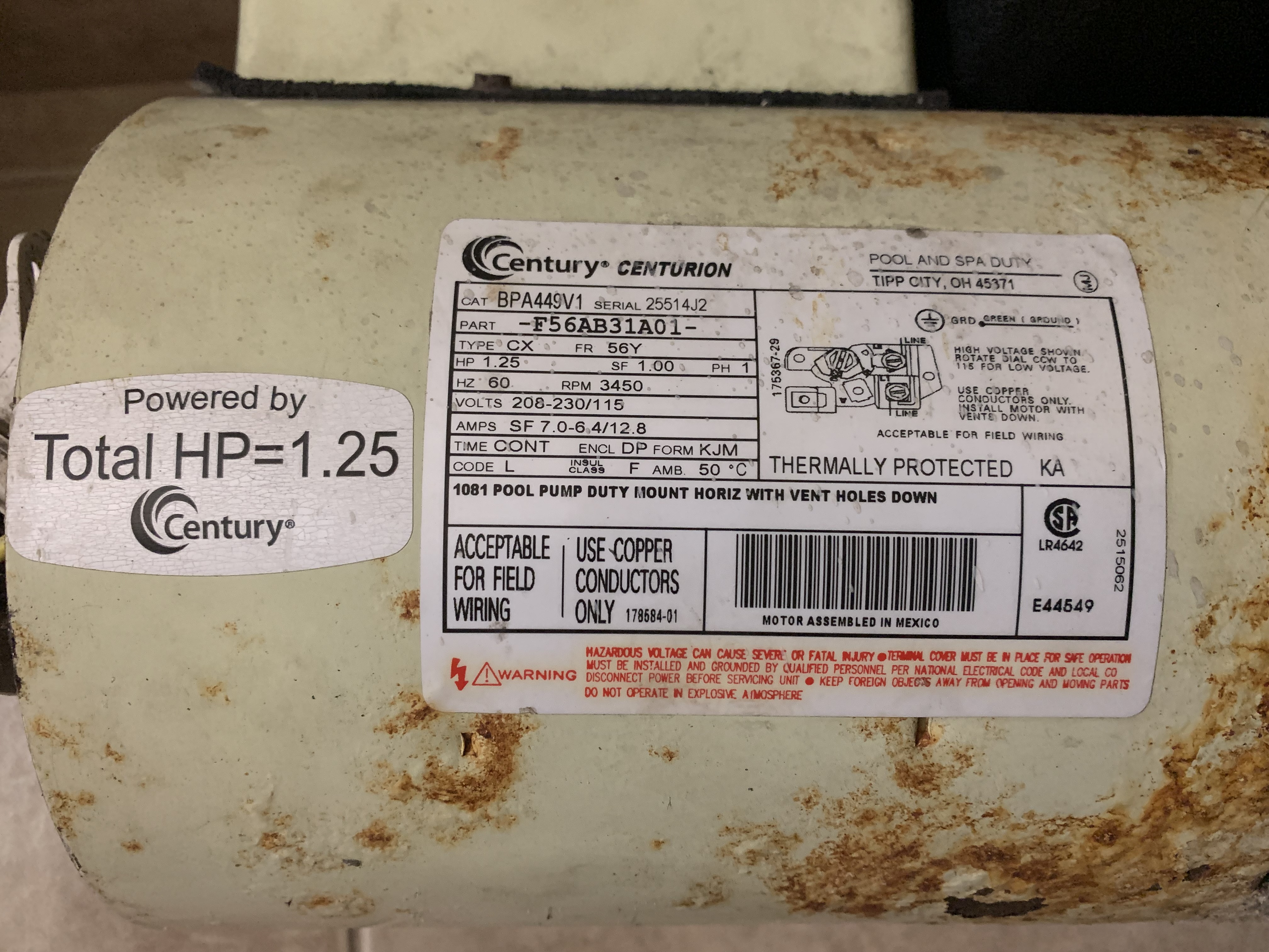 Century (A.O. Smith) 1.0 HP Full Rate EE Motor, Square Flange 56Y Frame, Single Speed - Model B2841V1