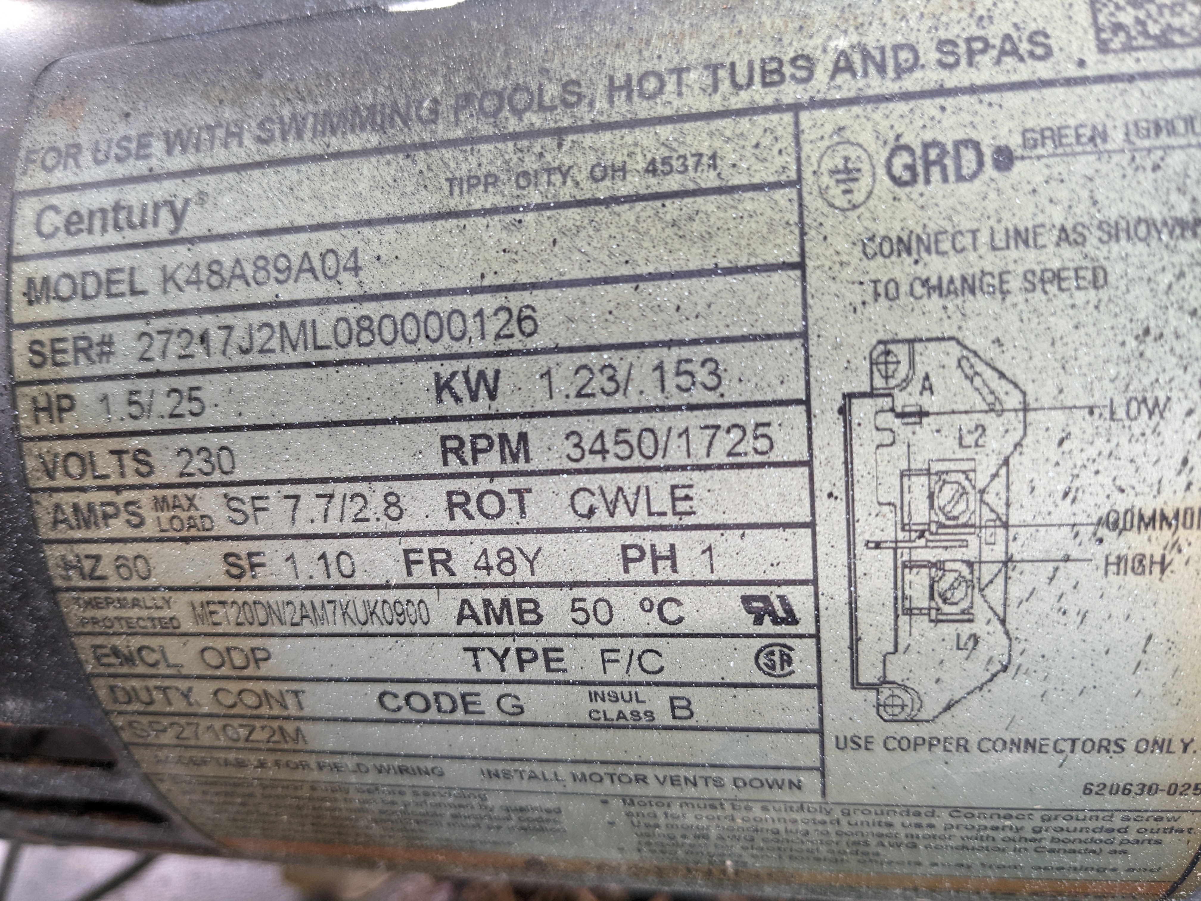 Century® (A.O. Smith) 1.5 HP Up-Rate Pool Pump Motor - USQ1152  Square Flange | 48Y Frame | Single Speed