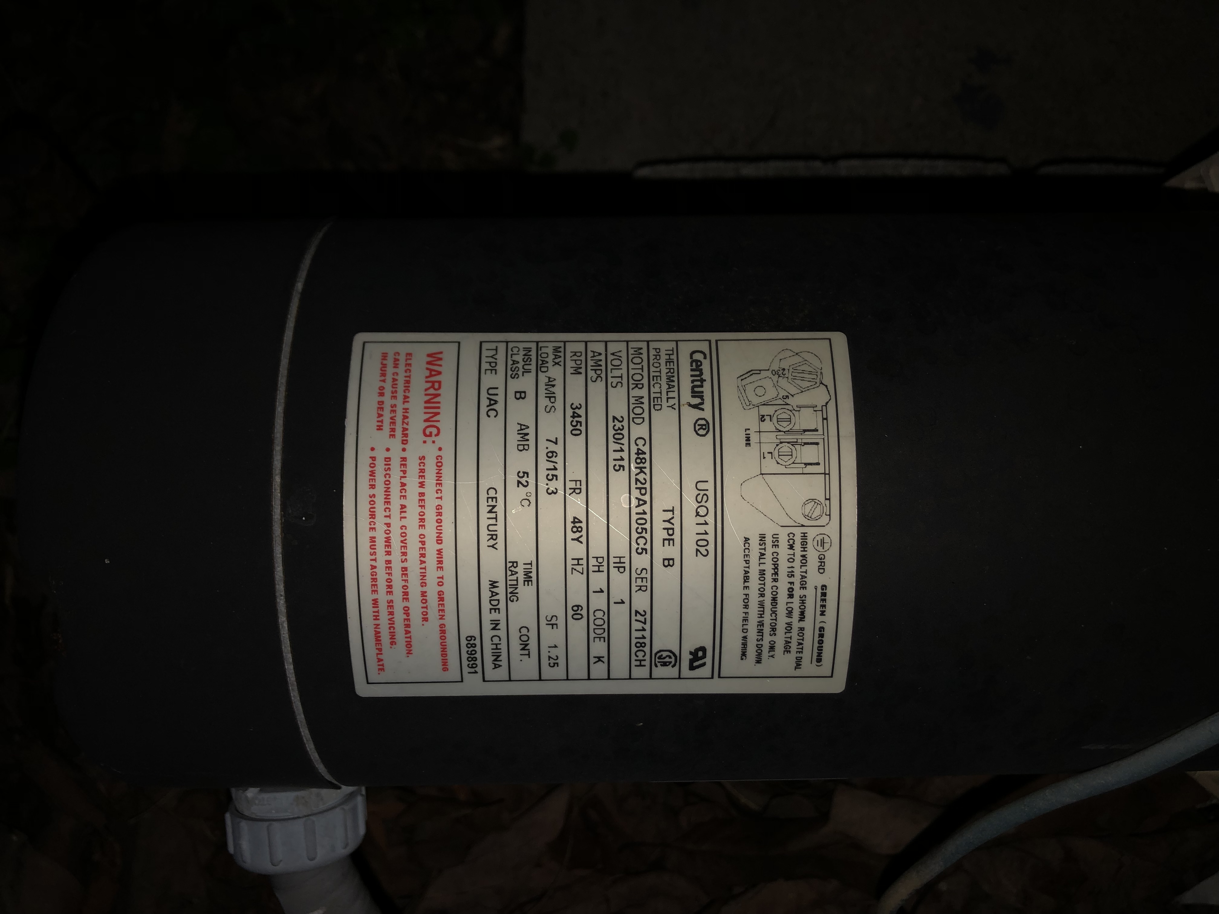 Century® (A.O. Smith) 1.5 HP Up-Rate Pool Pump Motor - USQ1152  Square Flange | 48Y Frame | Single Speed