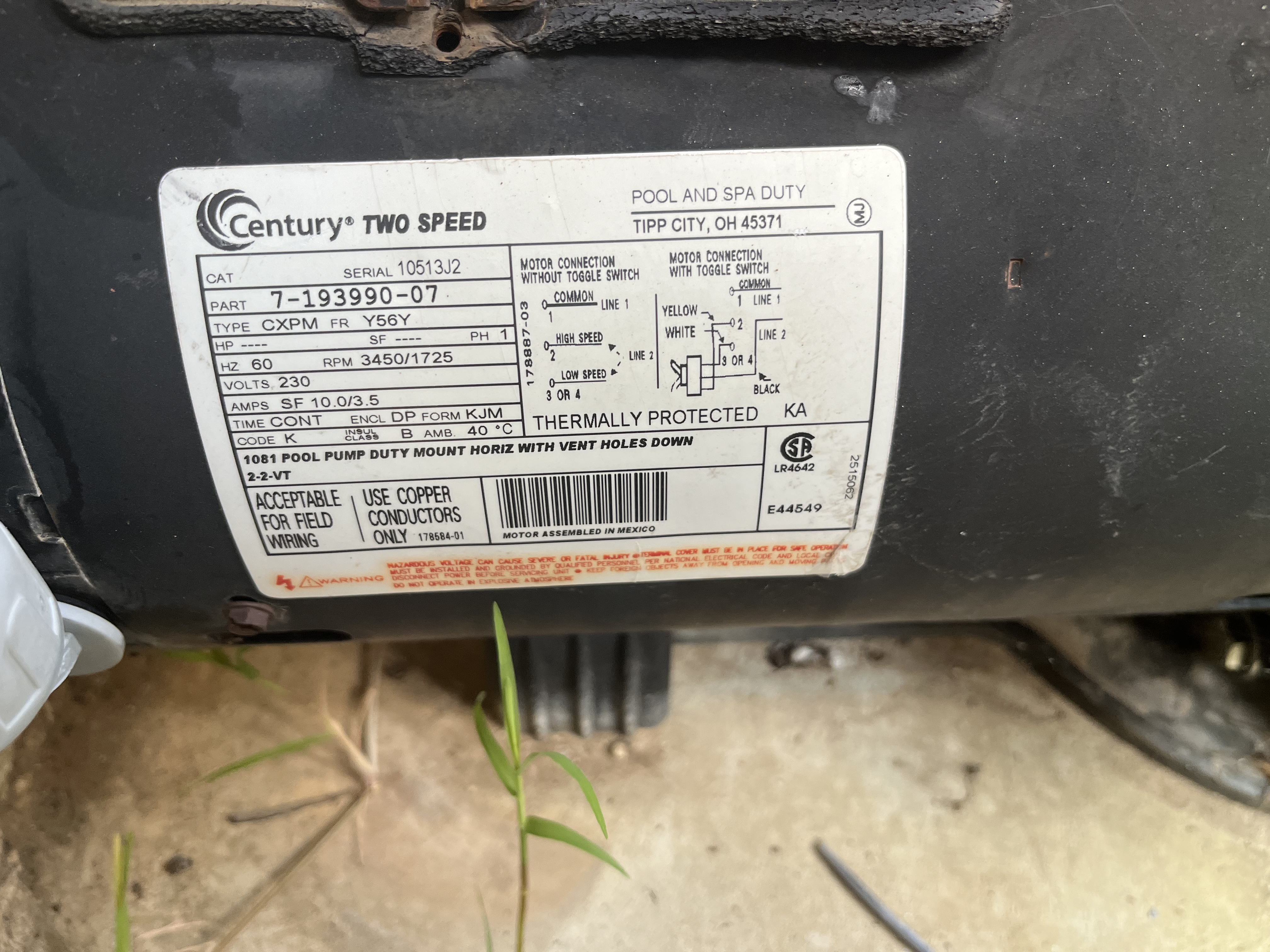 Century (A.O. Smith) 1.5 HP Full Rate Motor, Square Flange 56Y Frame, Dual Speed, No Switch - Model B2983