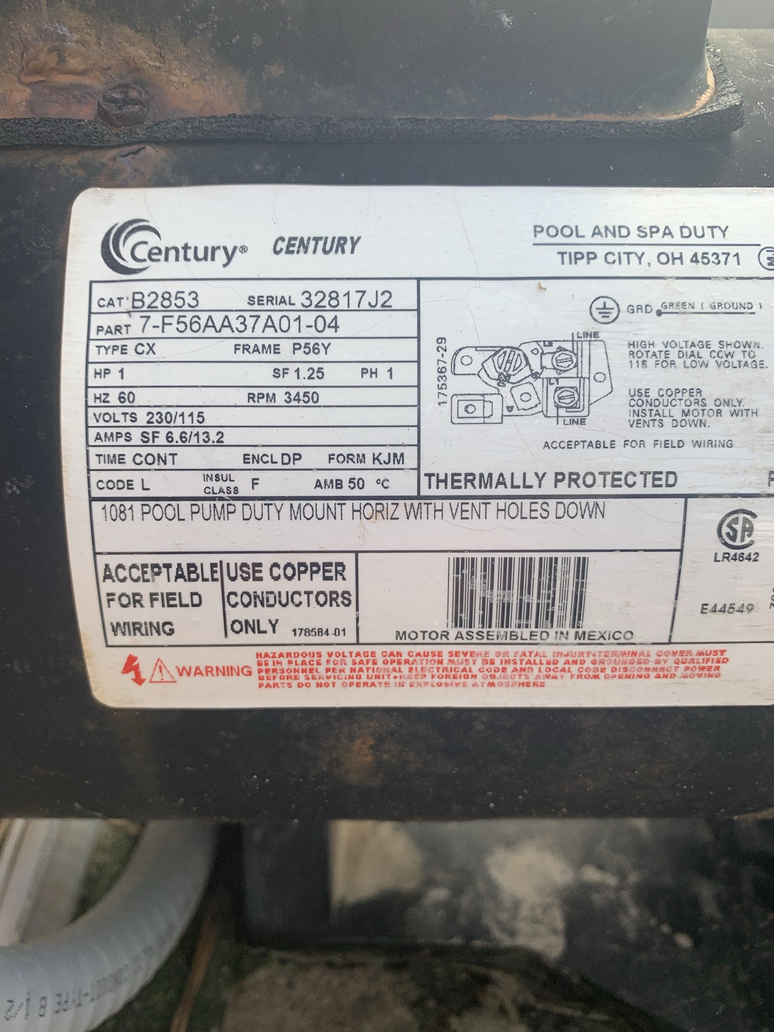 Century (A.O. Smith) 1.0 HP Full Rate EE Motor, Square Flange 56Y Frame, Single Speed - Model B2841V1