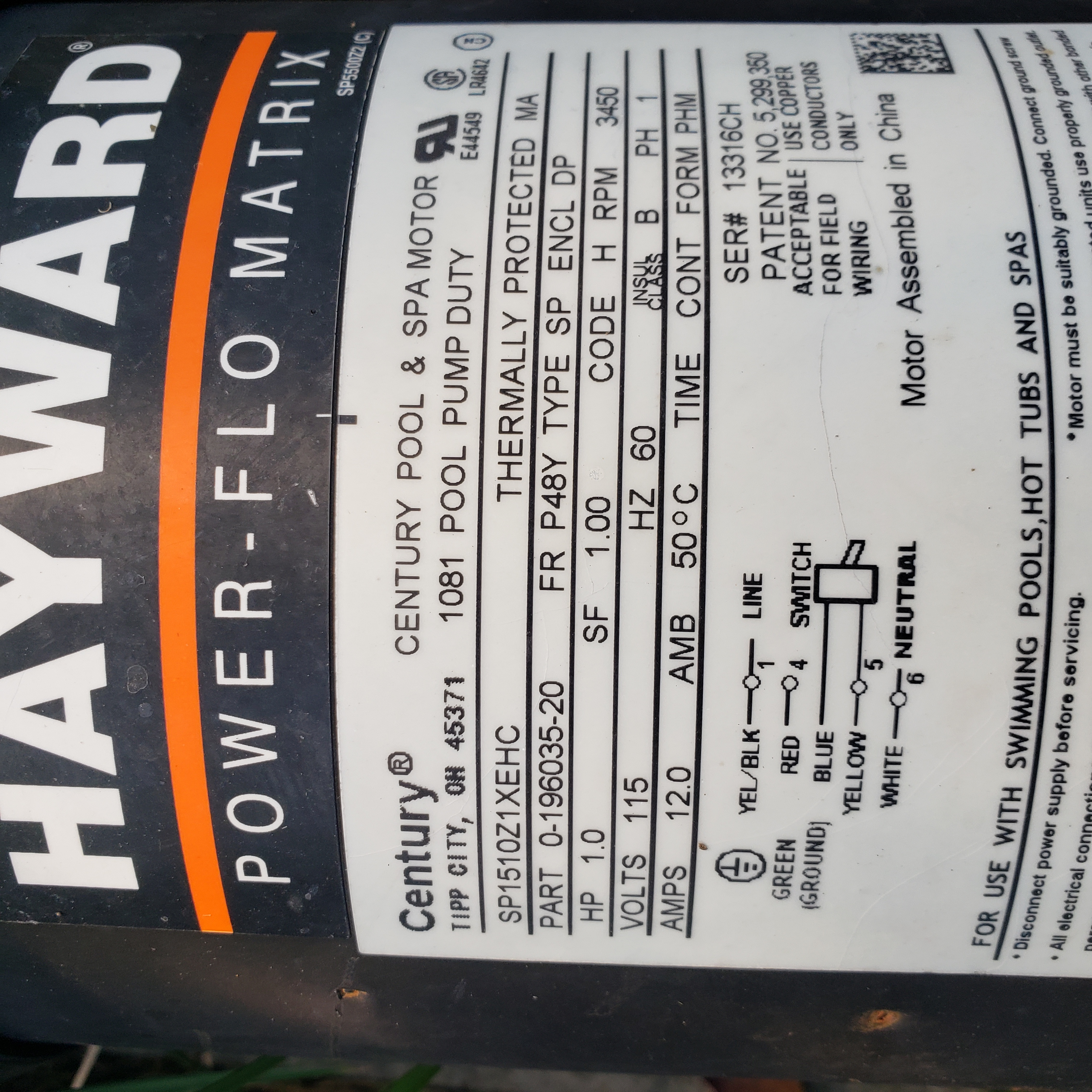 Hayward Motor 1 Hp W/ Switch 